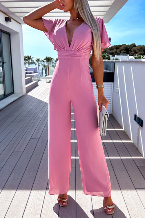 Margovil Deep V Neck High Waist Flare Sleeve Solid Jumpsuit