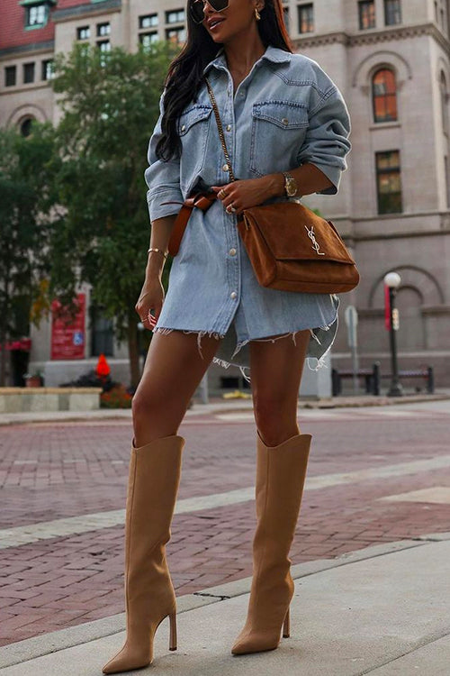 Distressed Raw Hem Button Down Denim Mini Shirt Dress