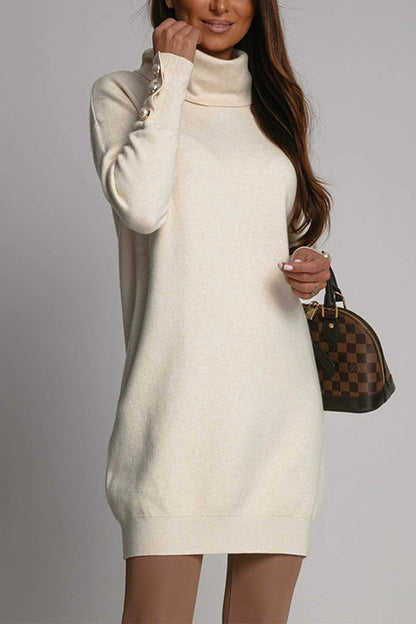 Turtleneck Buttons Solid Casual Sweater Dress