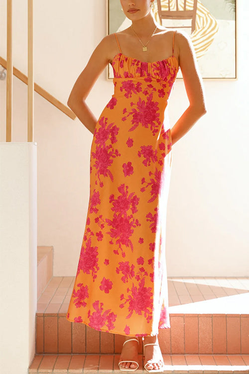 Spaghetti Strap Twist Backless Floral Print Maxi Dress