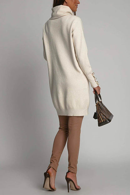 Turtleneck Buttons Solid Casual Sweater Dress