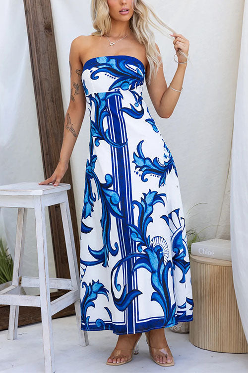 Margovil Strapless Tube Unique Print Swing Maxi Dress