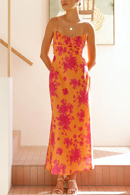 Spaghetti Strap Twist Backless Floral Print Maxi Dress