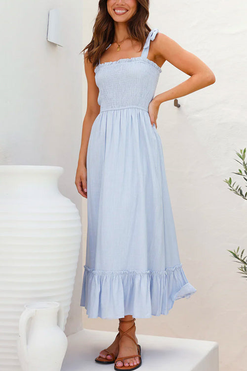 Margovil Wide Straps Bow Shoulder Smocked Ruffle Maxi Dress