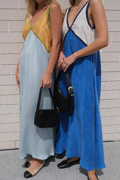 Margovil V Neck Color Block Sleeveless Maxi Swing Dress