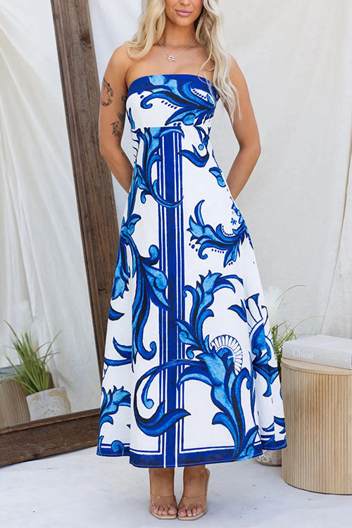 Margovil Strapless Tube Unique Print Swing Maxi Dress