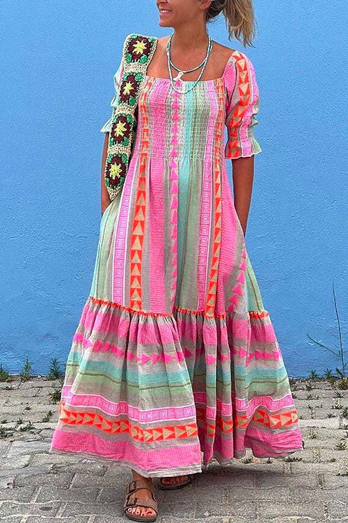 Margovil Boat Neck Short Sleeve Multi-colored Boho Print Maxi Swing Dress