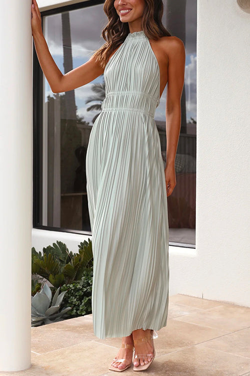 Margovil Halter Sleeveless Waisted Pleated Maxi Dress