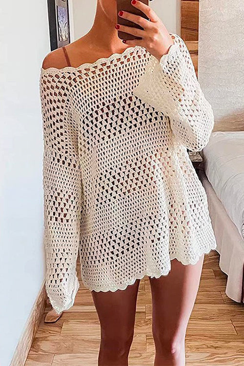 Margovil Long Sleeves Hollow Out Crochet Beach Cover Up Dress