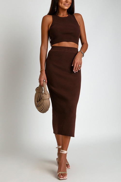 Margovil Sleeveless Crop Top Slit Skirt Ribbed Two Pieces