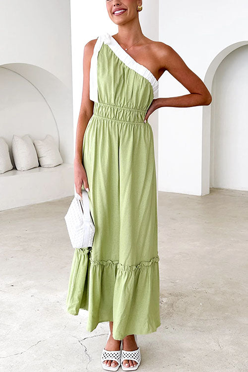 Margovil Tie Bow One Shoulder Waisted Ruffle Maxi Dress