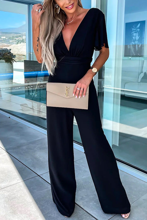 Margovil Deep V Neck Ruffle Sleeve High Waist Wide Leg Jumpsuit