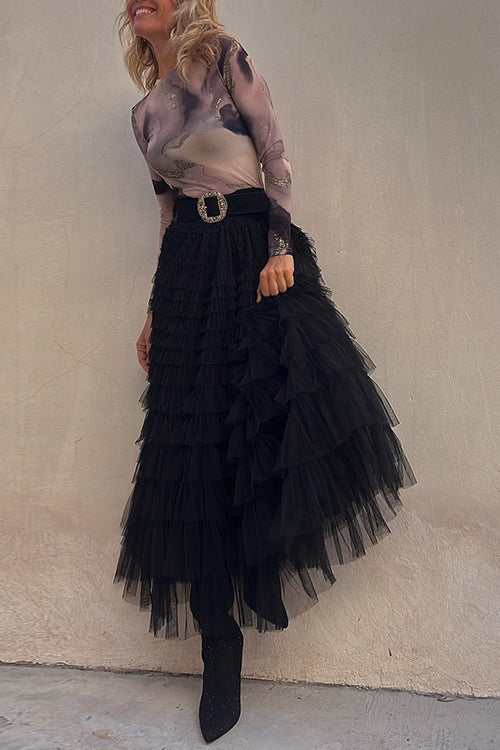 Margovil Ruffle Layered Mesh A-line Maxi Skirt