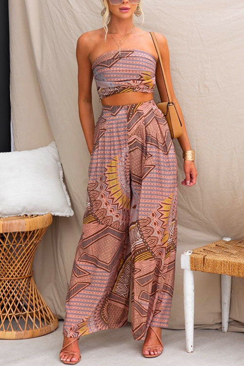 Crop Tube Top and Wide Leg Palazzo Pants Printed Holiday Set