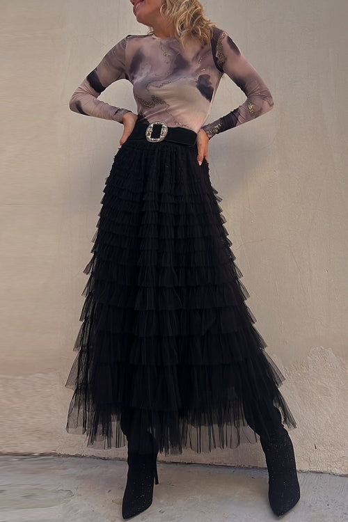 Margovil Ruffle Layered Mesh A-line Maxi Skirt