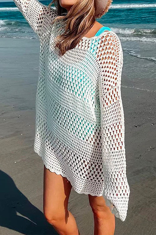 Margovil Long Sleeves Hollow Out Crochet Beach Cover Up Dress