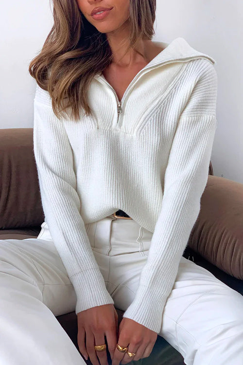 Zipper Up Ribbed Knit Solid Pullover Sweater