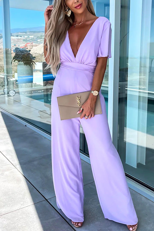 Margovil Deep V Neck Ruffle Sleeve High Waist Wide Leg Jumpsuit