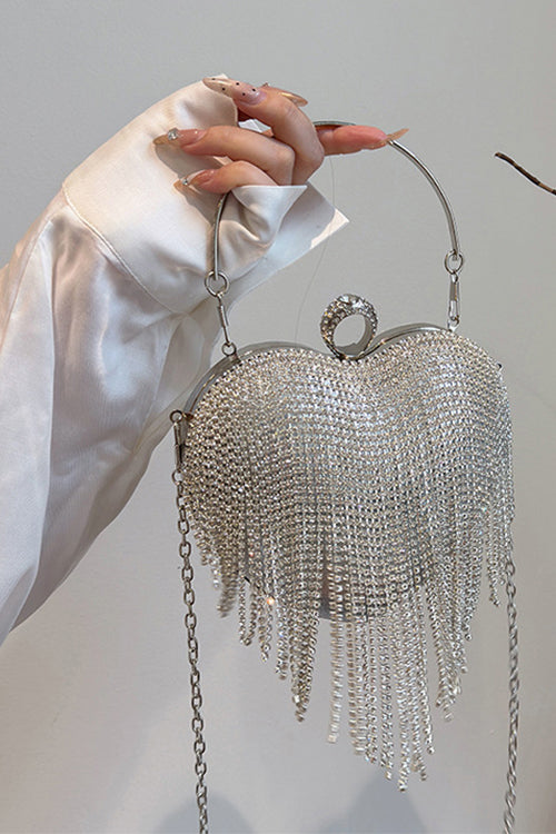 Sac à main de soirée de luxe Margovil en forme de cœur avec pompon et strass