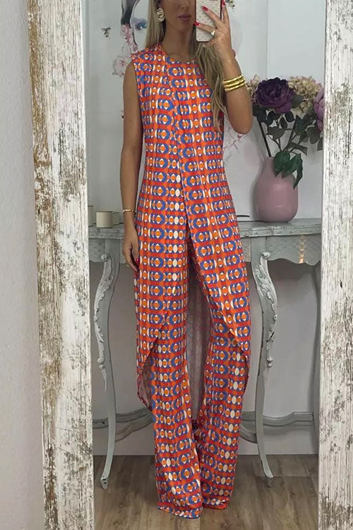 Margovil Printed High Slit Long Tank Top and Bell Bottoms Pants Set