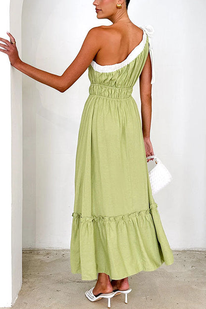 Margovil Tie Bow One Shoulder Waisted Ruffle Maxi Dress