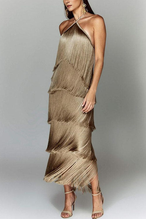 Margovil Chicest Halter Ruffle Layered Fringe Maxi Party Dress