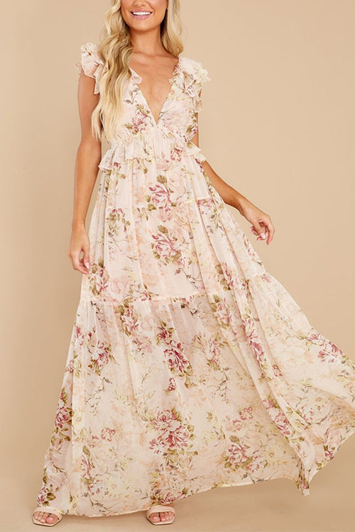 V Neck Ruffle Trim Bow Back Floral Print Flowy Maxi Dress