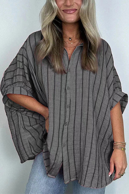 Margovil Oversized Button Down Batwing Sleeves Striped Shirt