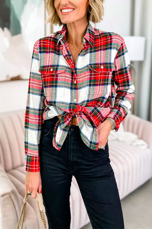 Classic Long Sleeves Button Down Plaid Blouse Shirt