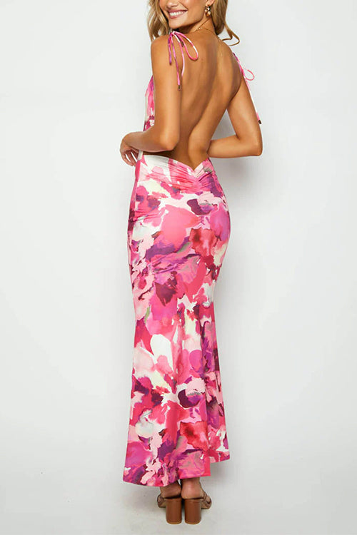 Margovil Tie Shoulder Backless Printed Maxi Cami Dress