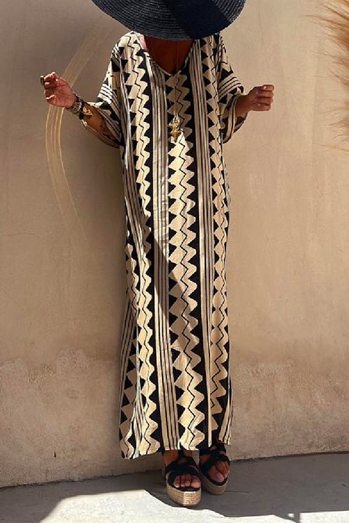 V Neck Ethnic Geometric Printed Shift Maxi Dress