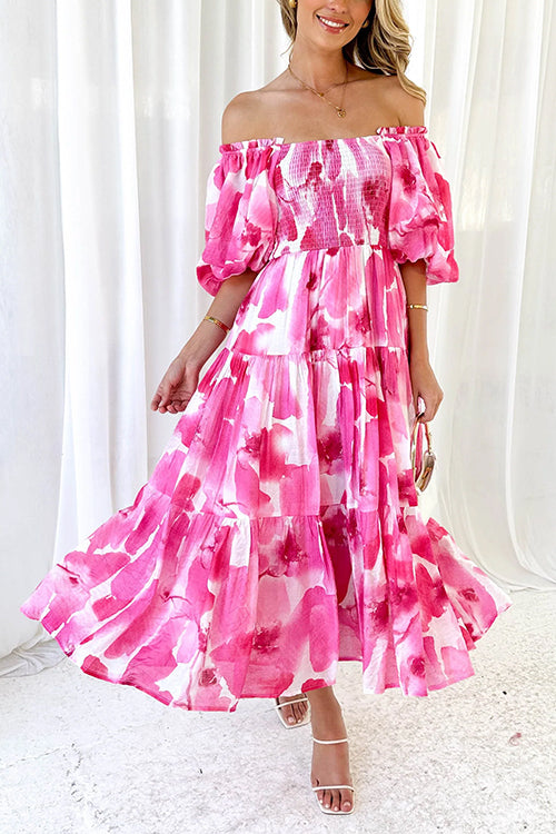 Margovil Off Shoulder Puff Sleeves Ruffle Tiered Printed Midi Dress