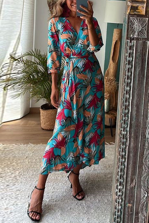 Margovil Wrap V Neck 3/4 Sleeve Tie Waist Holiday Printed Dress