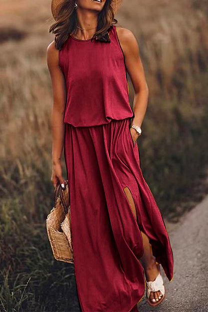 Margovil Sleeveless Waisted Slit Maxi Tank Dress