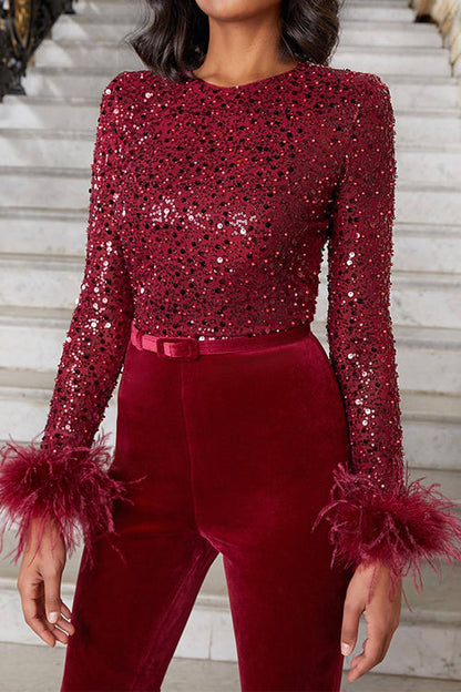 Margovil Feather-Paneled Long Sleeves Bell Bottoms Sequin Jumpsuit