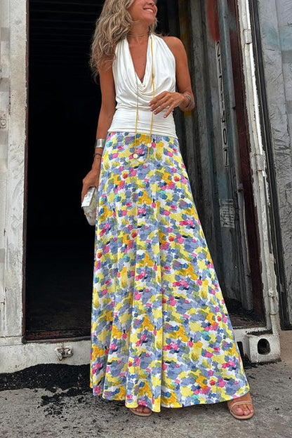 Abstract Print High Waist Swing Maxi Skirt