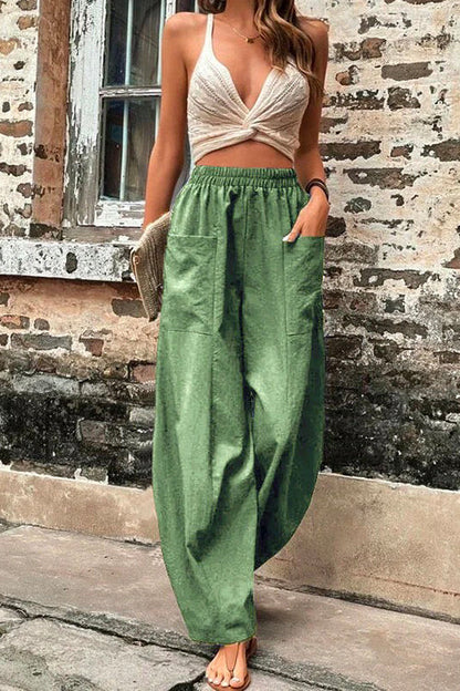 Margovil Elastic Waist Pockets Tapered Wide Leg Pants