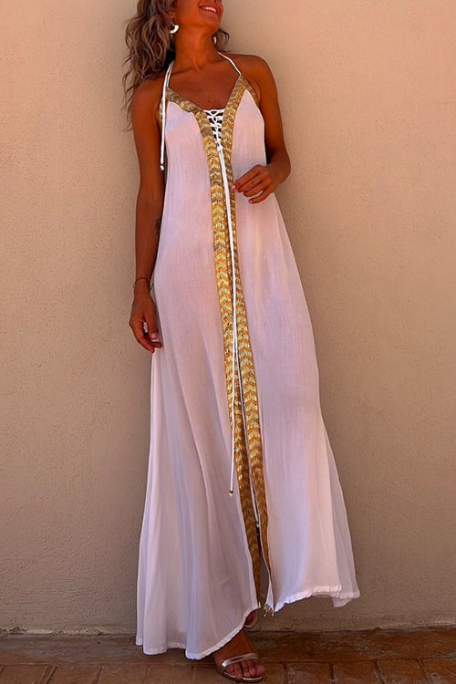 Margovil V Neck Backless Sequin Detailed Slit Maxi Cami Dress