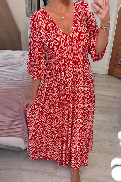 Margovil V Neck Half Sleeves Printed Swing Maxi Holiday Dress