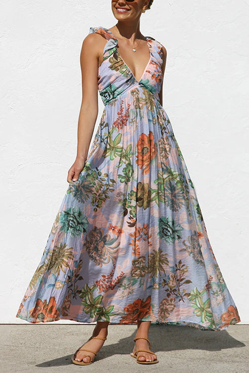 Margovil Sleeveless V Neck Floral Print Maxi Holiday Dress