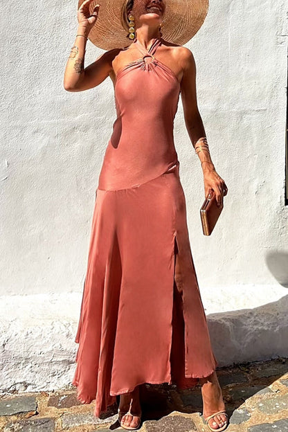 Chic Sleeveless Halter Slit Maxi Swing Dress