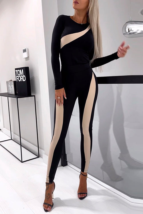 Long Sleeves Color Block Skinny One-piece Jumpsuit