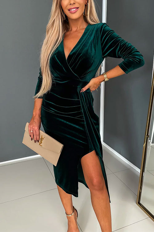 Cross V Neck Waisted Slit Velvet Midi Dress