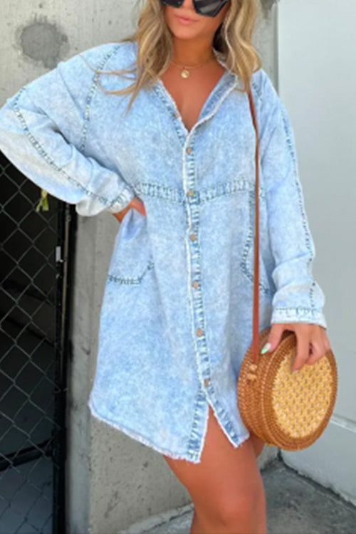 Margovil V Neck Button Down Pocketed Denim Mini Shirt Dress