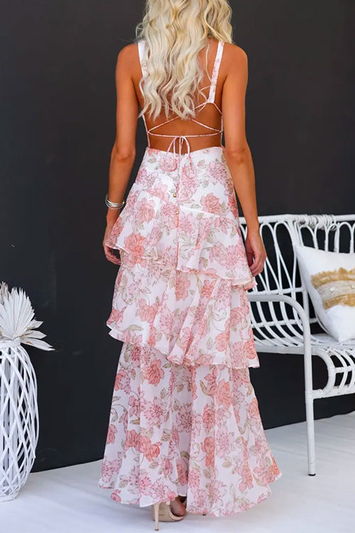 100% Your Look V Neck Sleeveless Tiered Floral Maxi Dress