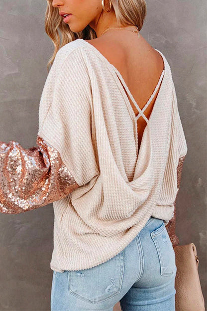 Margovil Sequin Splice Backless Criss Cross Knit Sweater