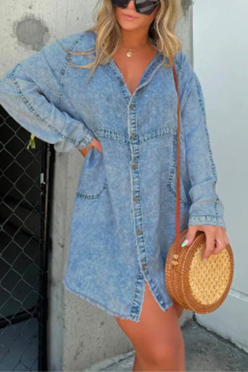 Margovil V Neck Button Down Pocketed Denim Mini Shirt Dress