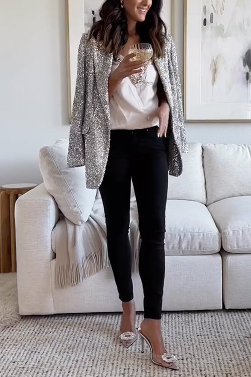 Chicest Open Front Pocketed Sequin Blazer Coat