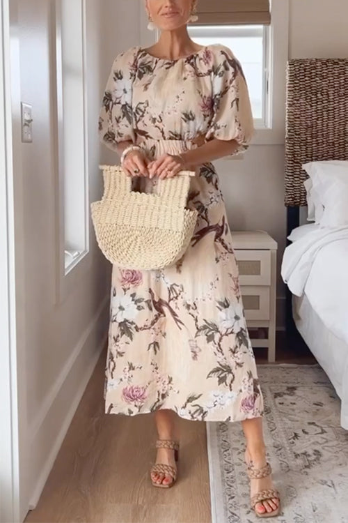 Vacation Mode Half Sleeves Back Cut-out Birdie Floral Midi Dress