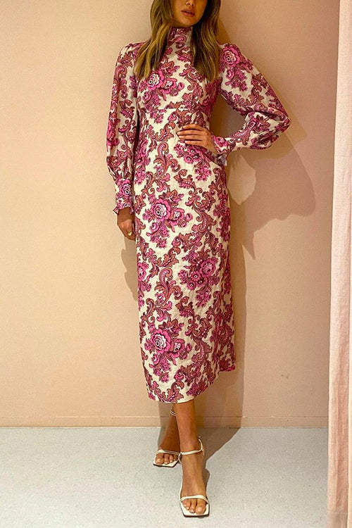 Vintage Turtleneck Balloon Sleeves High Waist Floral Maxi Dress